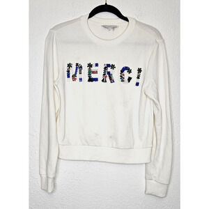 Endless Rose Women Sweatshirt XS White Beaded MERCI Crewneck Pullover Rhinestone